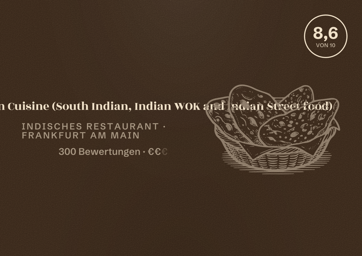 Illustriertes Poster von Magic Knife - Indian Cuisine (South Indian, Indian WOK and Indian Street food), Indisches Restaurant in Frankfurt am Main: Bewertung 8,6 von 10 aus 300 Bewertungen, Preisniveau €€