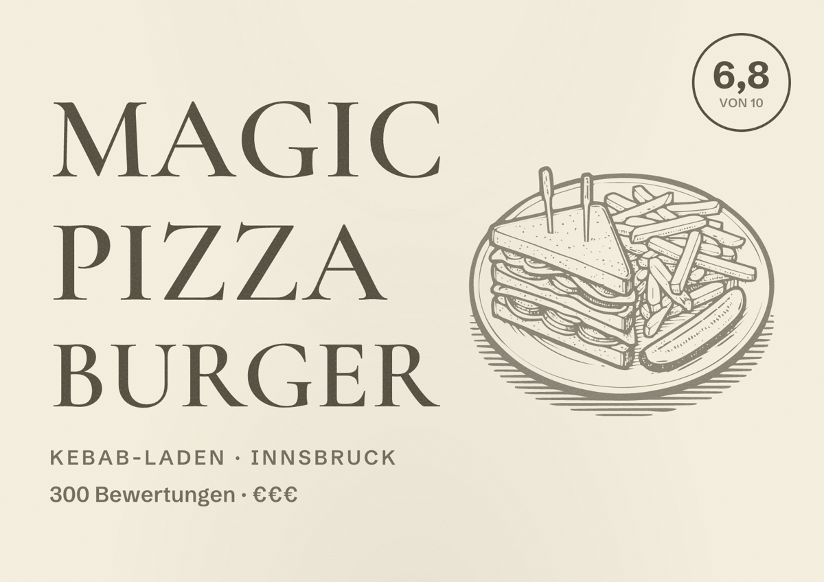 Illustriertes Poster von Magic Pizza Burger, Kebab-Laden in Innsbruck: Bewertung 6,8 von 10 aus 300 Bewertungen, Preisniveau €€€