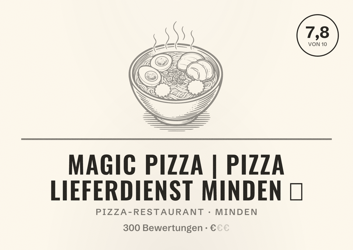 Illustriertes Poster von Magic Pizza | Pizza Lieferdienst Minden 🍕, Pizza-Restaurant in Minden: Bewertung 7,8 von 10 aus 300 Bewertungen, Preisniveau €