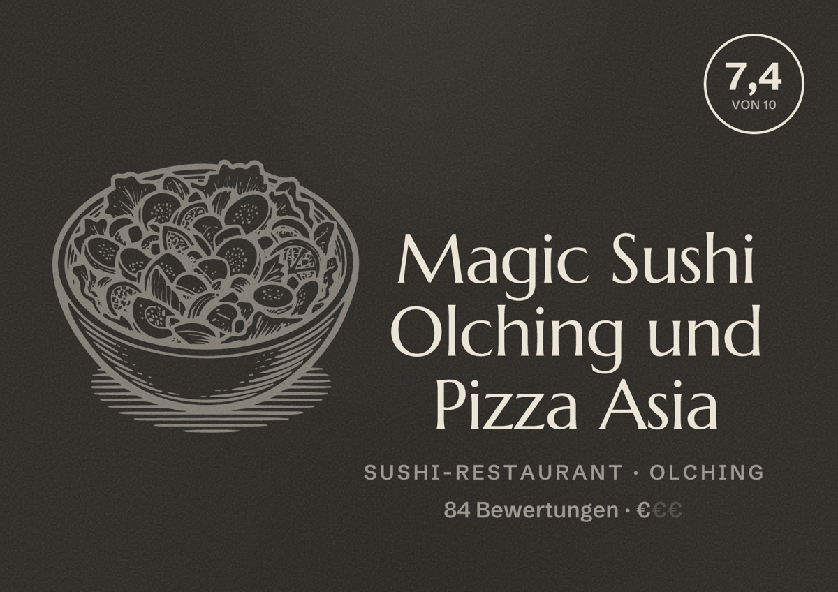 Illustriertes Poster von Magic Sushi Olching und Pizza Asia, Sushi-Restaurant in Olching: Bewertung 7,4 von 10 aus 84 Bewertungen, Preisniveau €