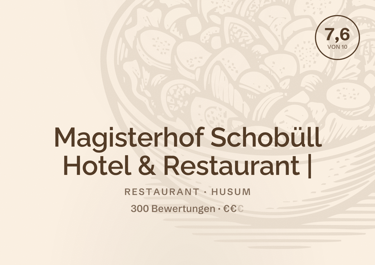 Illustriertes Poster von Magisterhof Schobüll Hotel & Restaurant |, Restaurant in Husum: Bewertung 7,6 von 10 aus 300 Bewertungen, Preisniveau €€