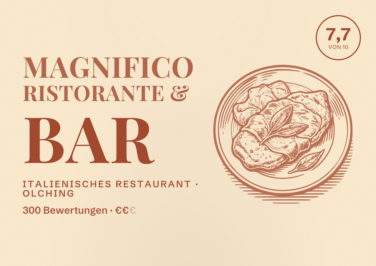 Illustriertes Poster von Magnifico Ristorante & Bar, Italienisches Restaurant in Olching: Bewertung 7,7 von 10 aus 300 Bewertungen, Preisniveau €€