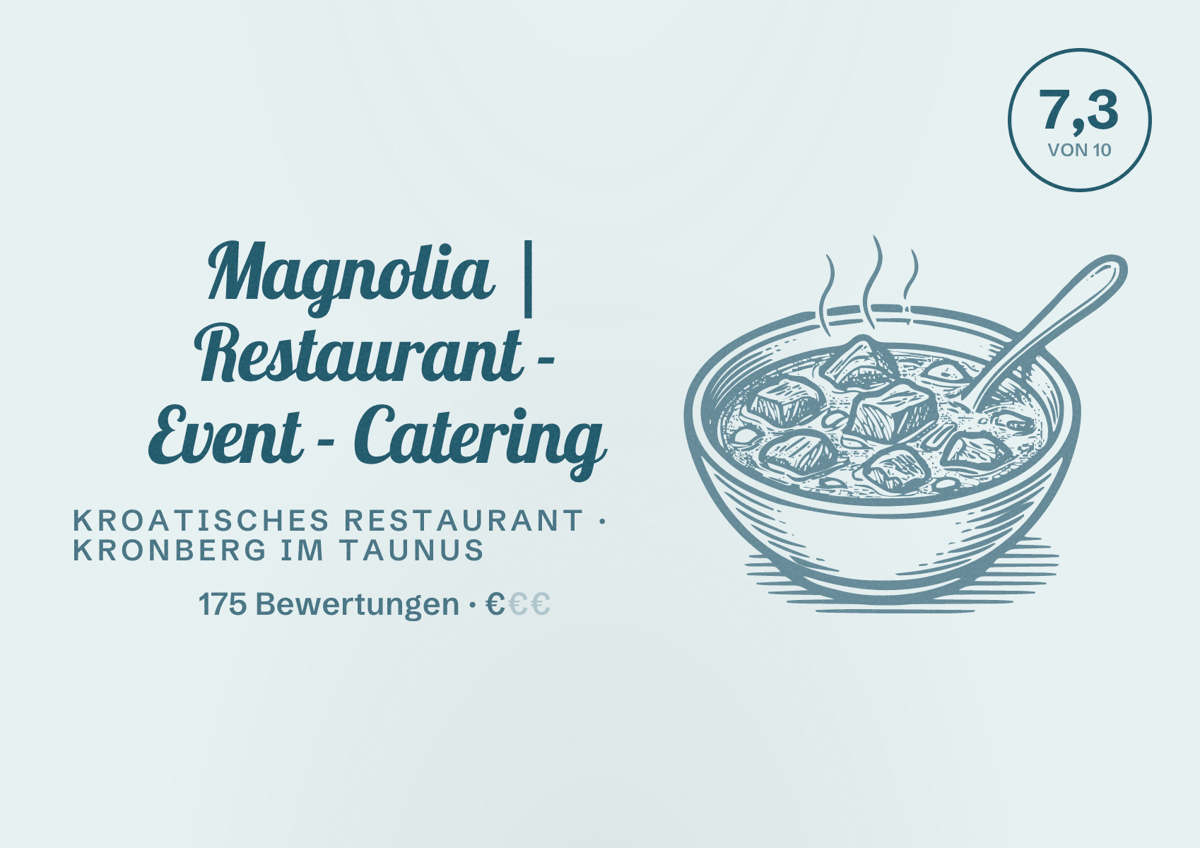 Illustriertes Poster von Magnolia | Restaurant - Event - Catering, Kroatisches Restaurant in Kronberg im Taunus: Bewertung 7,3 von 10 aus 175 Bewertungen, Preisniveau €