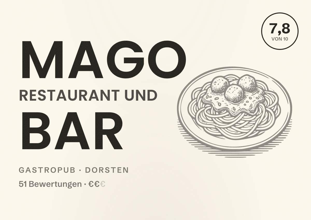 Illustriertes Poster von MAGO Restaurant und Bar, Gastropub in Dorsten: Bewertung 7,8 von 10 aus 51 Bewertungen, Preisniveau €€