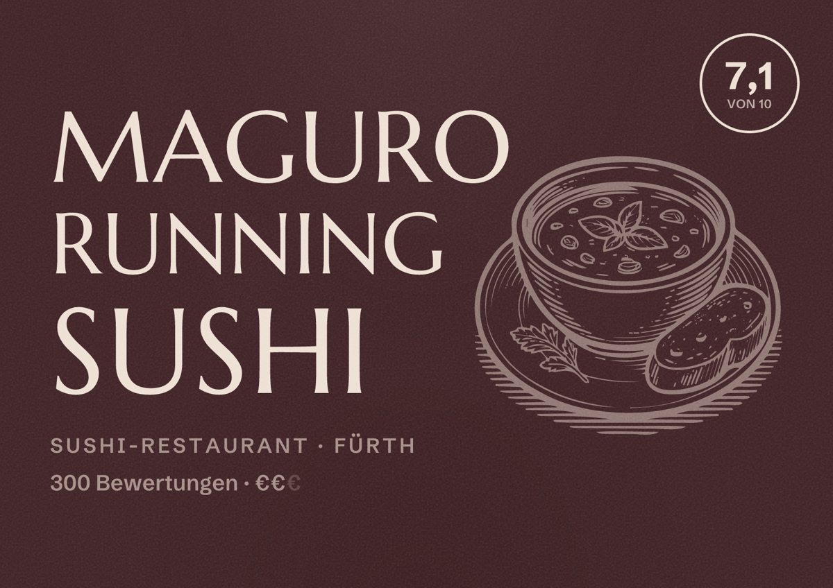 Illustriertes Poster von Maguro Running Sushi, Sushi-Restaurant in Fürth: Bewertung 7,1 von 10 aus 300 Bewertungen, Preisniveau €€