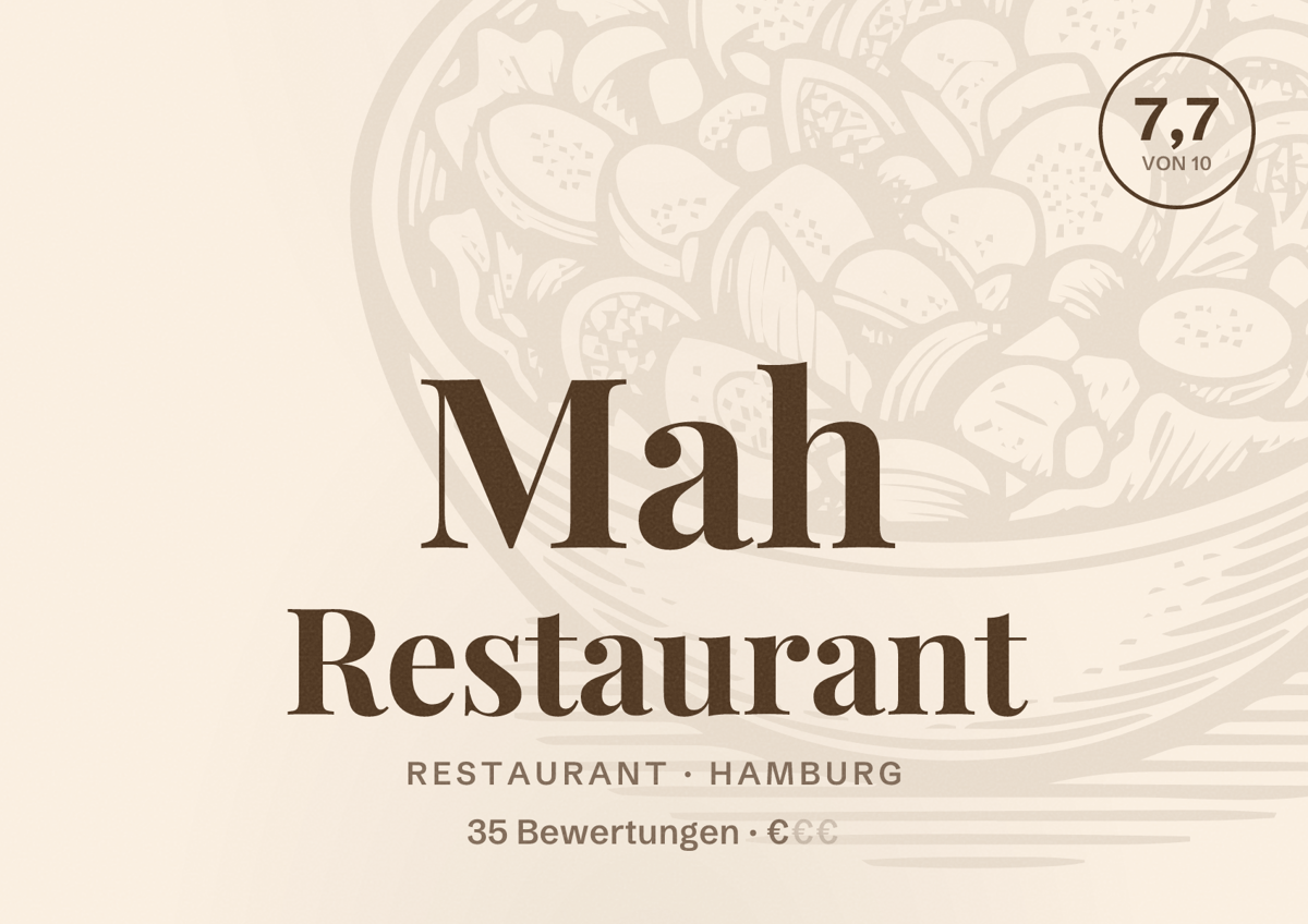 Illustriertes Poster von Mah Restaurant, Restaurant in Hamburg: Bewertung 7,7 von 10 aus 35 Bewertungen, Preisniveau €
