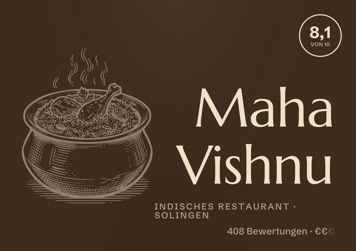 Illustriertes Poster von Maha Vishnu, Indisches Restaurant in Solingen: Bewertung 8,1 von 10 aus 408 Bewertungen, Preisniveau €€