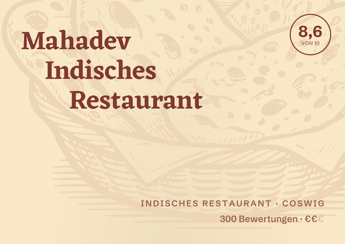 Illustriertes Poster von Mahadev Indisches Restaurant, Indisches Restaurant in Coswig: Bewertung 8,6 von 10 aus 300 Bewertungen, Preisniveau €€