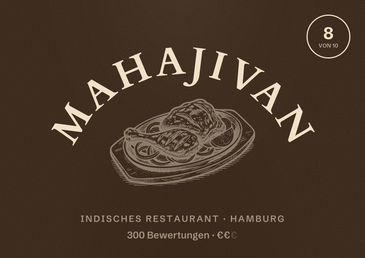 Illustriertes Poster von Mahajivan, Indisches Restaurant in Hamburg: Bewertung 8,0 von 10 aus 300 Bewertungen, Preisniveau €€