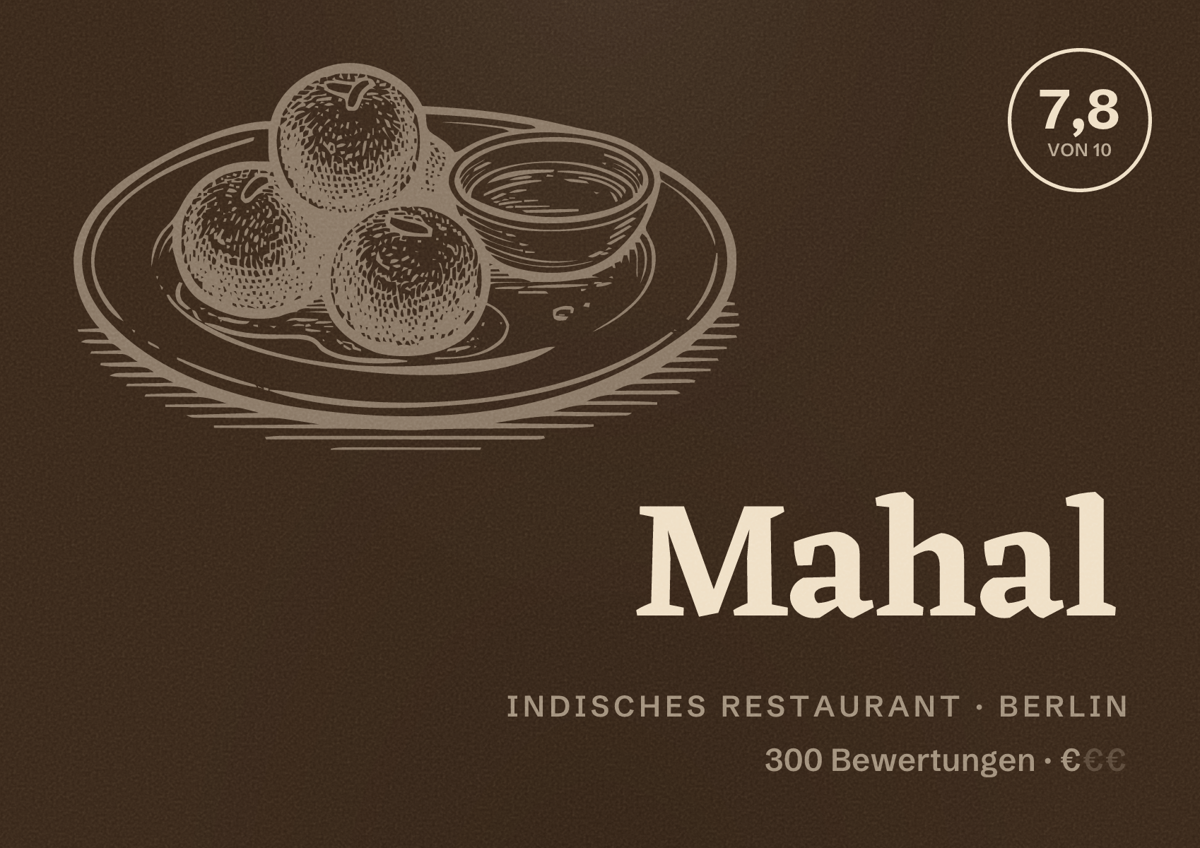 Illustriertes Poster von Mahal, Indisches Restaurant in Berlin: Bewertung 7,8 von 10 aus 300 Bewertungen, Preisniveau €