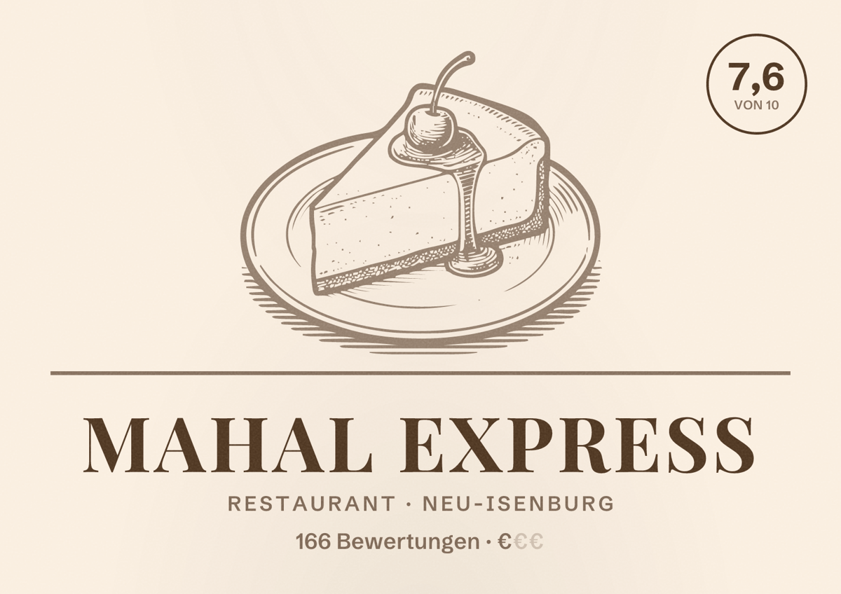 Illustriertes Poster von Mahal Express, Restaurant in Neu-Isenburg: Bewertung 7,6 von 10 aus 166 Bewertungen, Preisniveau €
