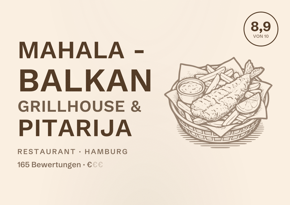 Illustriertes Poster von MAHALA - Balkan Grillhouse & Pitarija, Restaurant in Hamburg: Bewertung 8,9 von 10 aus 165 Bewertungen, Preisniveau €