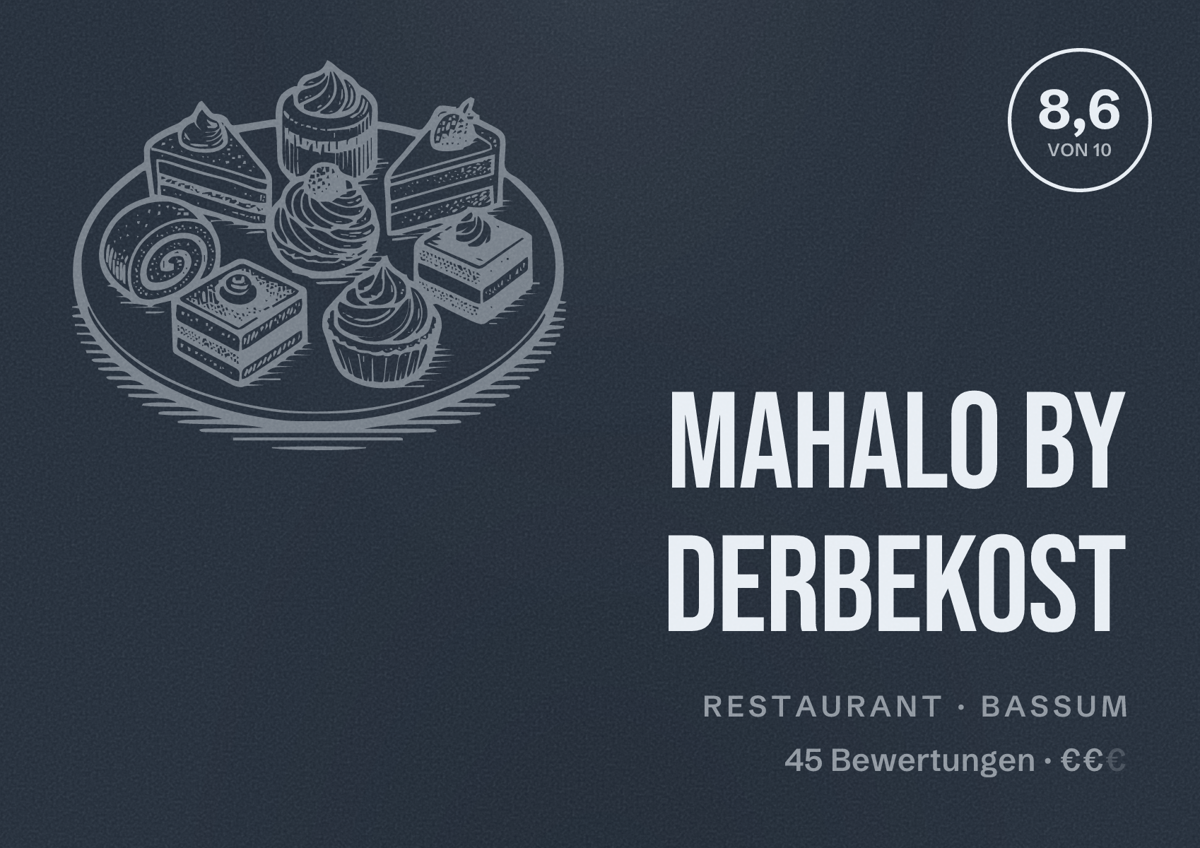 Illustriertes Poster von MAHALO by DerbeKost, Restaurant in Bassum: Bewertung 8,6 von 10 aus 45 Bewertungen, Preisniveau €€