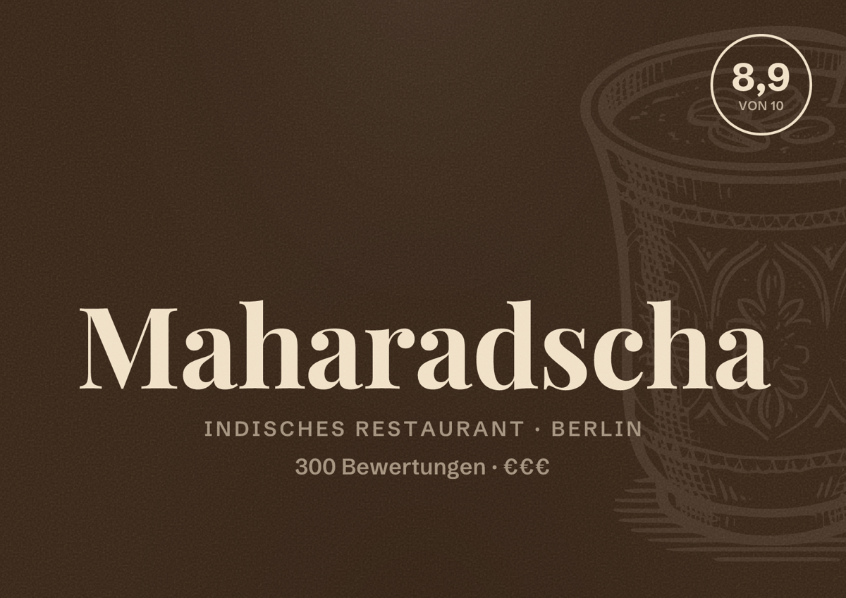 Illustriertes Poster von Maharadscha, Indisches Restaurant in Berlin: Bewertung 8,9 von 10 aus 300 Bewertungen, Preisniveau €€€