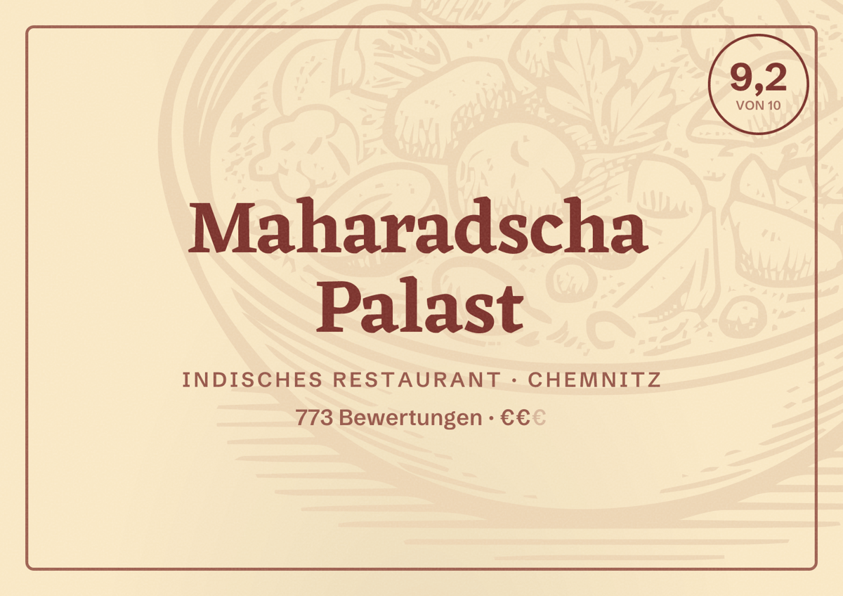 Illustriertes Poster von Maharadscha Palast, Indisches Restaurant in Chemnitz: Bewertung 9,2 von 10 aus 773 Bewertungen, Preisniveau €€