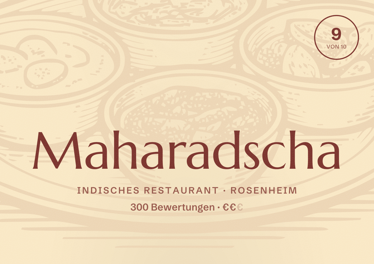 Illustriertes Poster von Maharadscha, Indisches Restaurant in Rosenheim: Bewertung 9 von 10 aus 300 Bewertungen, Preisniveau €€