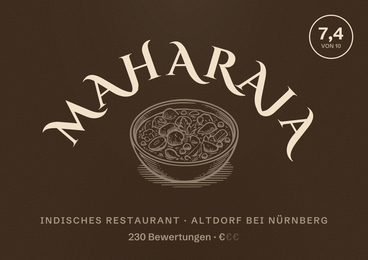 Illustriertes Poster von Maharaja, Indisches Restaurant in Altdorf bei Nürnberg: Bewertung 7,4 von 10 aus 230 Bewertungen, Preisniveau €