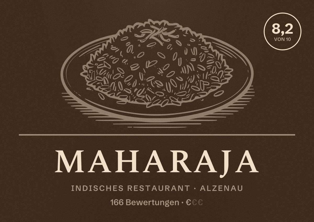 Illustriertes Poster von Maharaja, Indisches Restaurant in Alzenau: Bewertung 8,2 von 10 aus 166 Bewertungen, Preisniveau €
