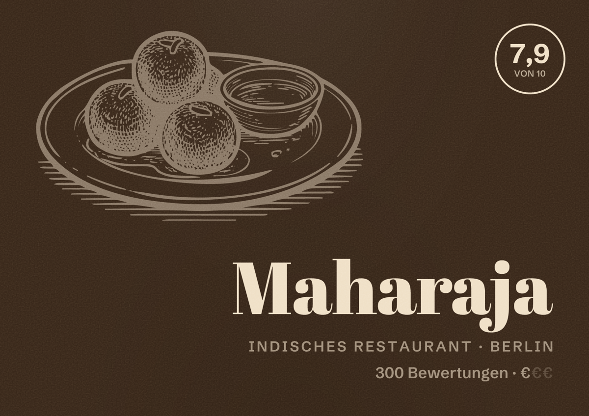 Illustriertes Poster von Maharaja, Indisches Restaurant in Berlin: Bewertung 7,9 von 10 aus 300 Bewertungen, Preisniveau €
