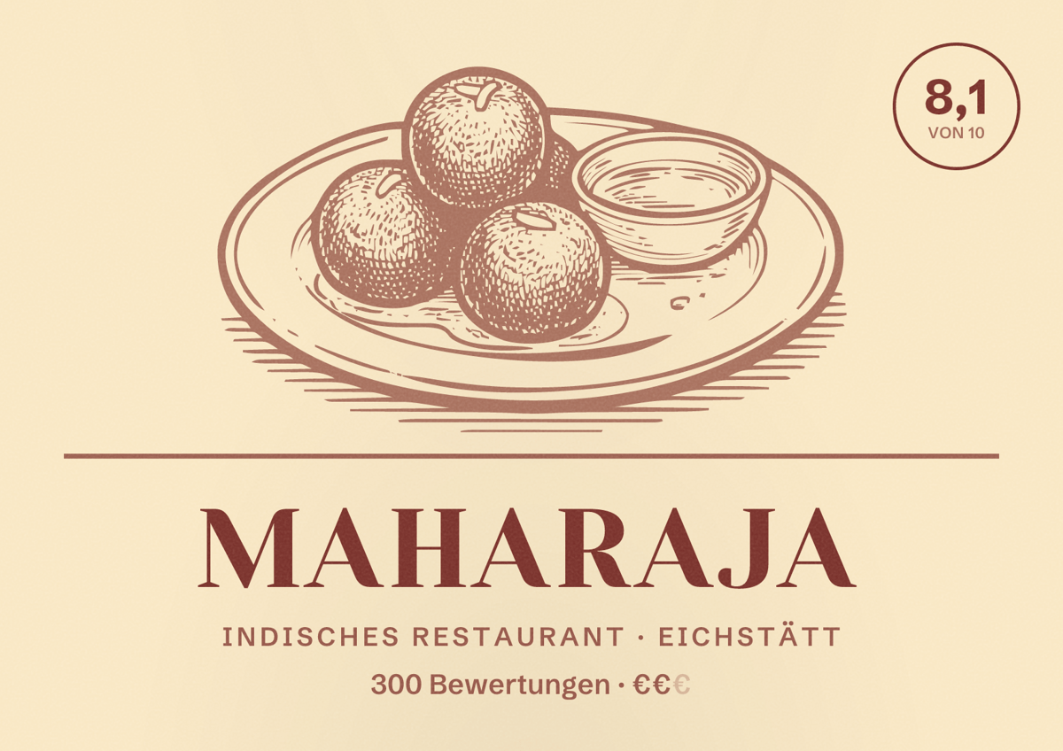 Illustriertes Poster von Maharaja, Indisches Restaurant in Eichstätt: Bewertung 8,1 von 10 aus 300 Bewertungen, Preisniveau €€