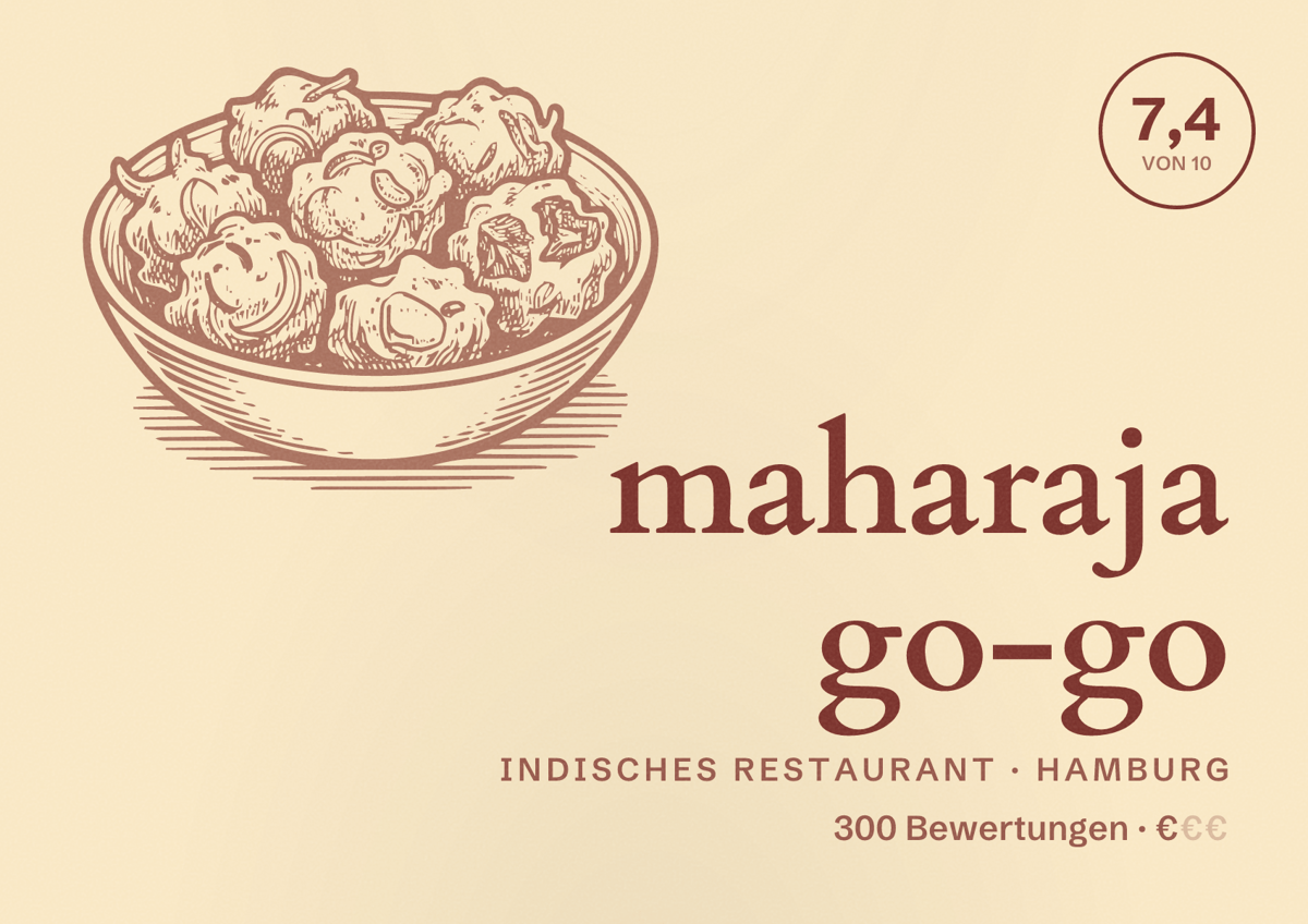 Illustriertes Poster von maharaja go-go, Indisches Restaurant in Hamburg: Bewertung 7,4 von 10 aus 300 Bewertungen, Preisniveau €