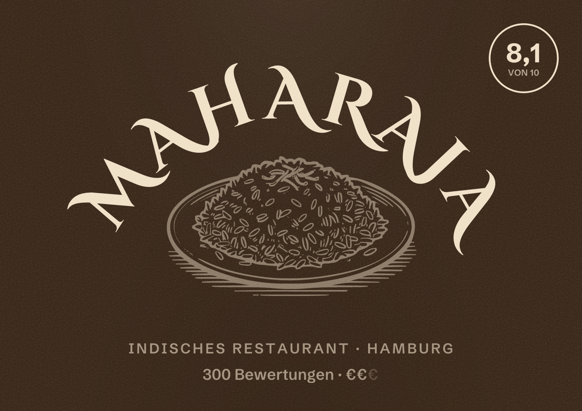 Illustriertes Poster von Maharaja, Indisches Restaurant in Hamburg: Bewertung 8,1 von 10 aus 300 Bewertungen, Preisniveau €€