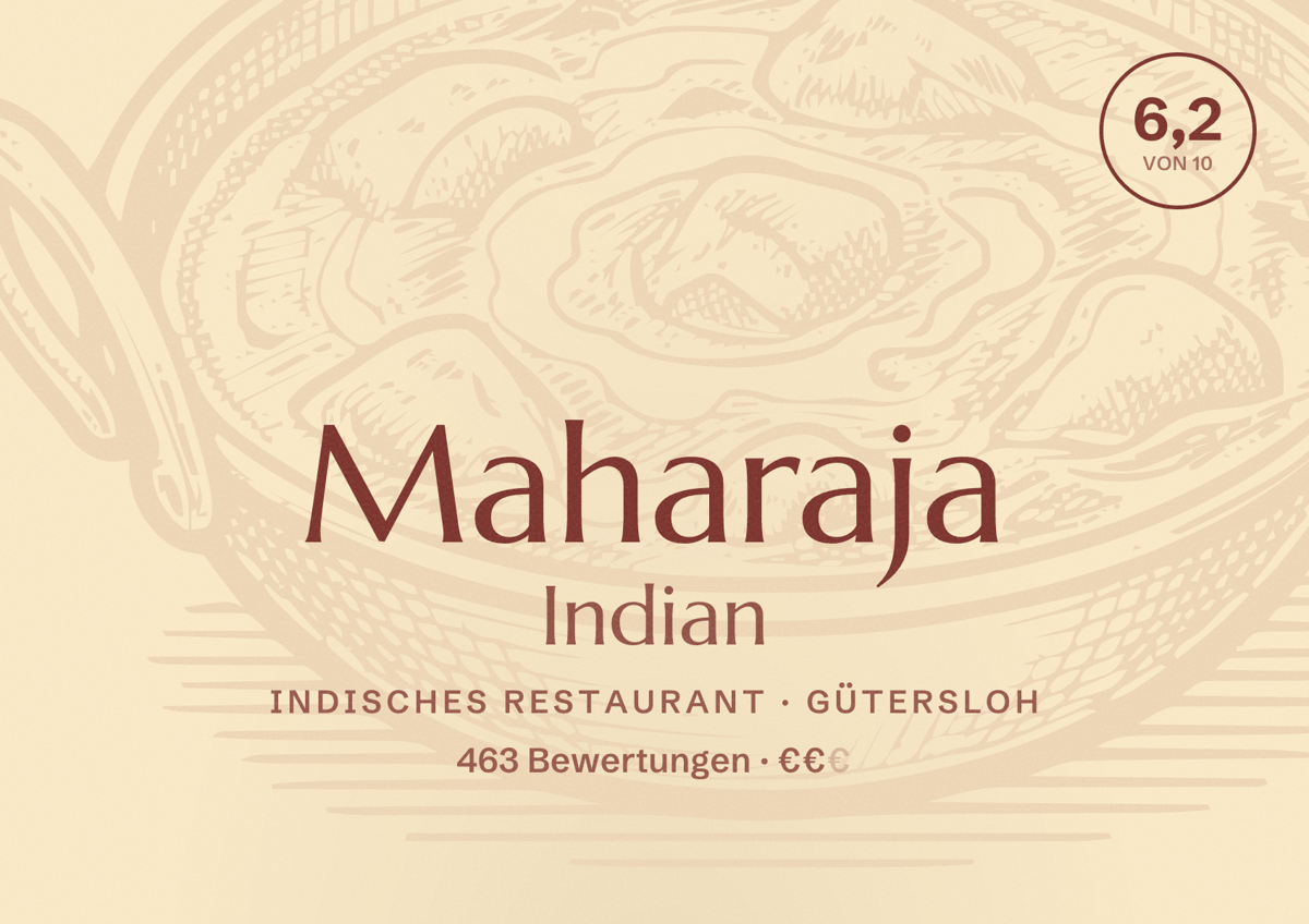 Illustriertes Poster von Maharaja Indian, Indisches Restaurant in Gütersloh: Bewertung 6,2 von 10 aus 463 Bewertungen, Preisniveau €€
