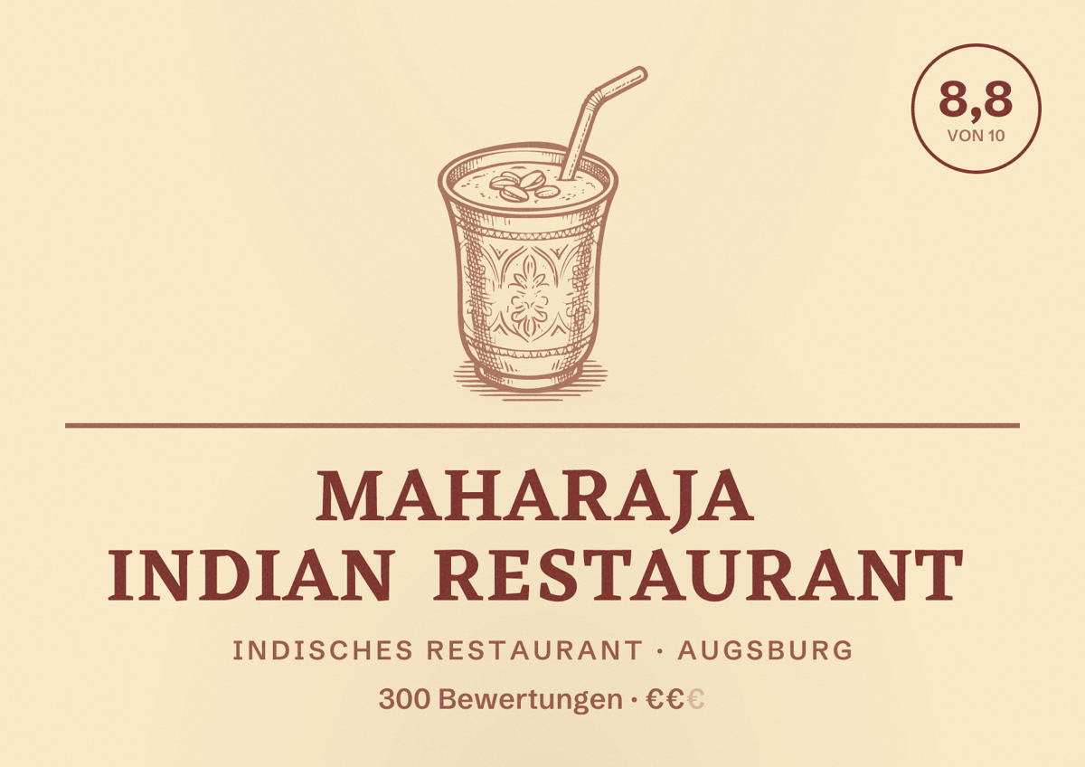 Illustriertes Poster von Maharaja Indian Restaurant, Indisches Restaurant in Augsburg: Bewertung 8,8 von 10 aus 300 Bewertungen, Preisniveau €€