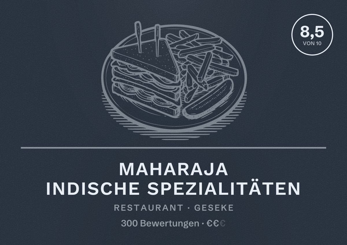 Illustriertes Poster von Maharaja Indische Spezialitäten, Restaurant in Geseke: Bewertung 8,5 von 10 aus 300 Bewertungen, Preisniveau €€