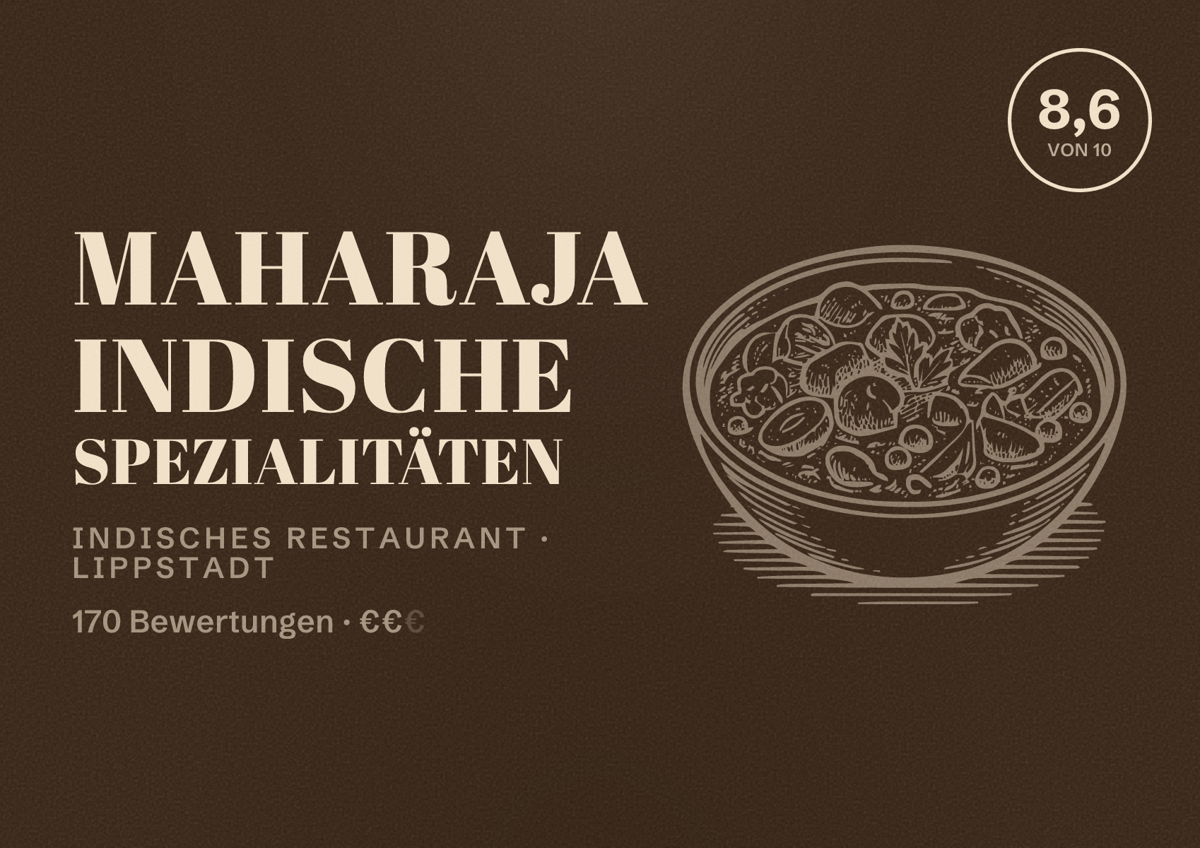 Illustriertes Poster von Maharaja Indische Spezialitäten, Indisches Restaurant in Lippstadt: Bewertung 8,6 von 10 aus 170 Bewertungen, Preisniveau €€