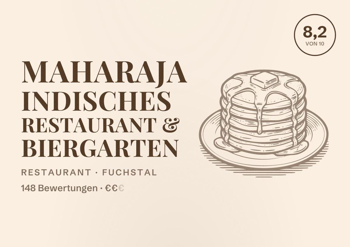 Illustriertes Poster von Maharaja Indisches Restaurant & Biergarten, Restaurant in Fuchstal: Bewertung 8,2 von 10 aus 148 Bewertungen, Preisniveau €€