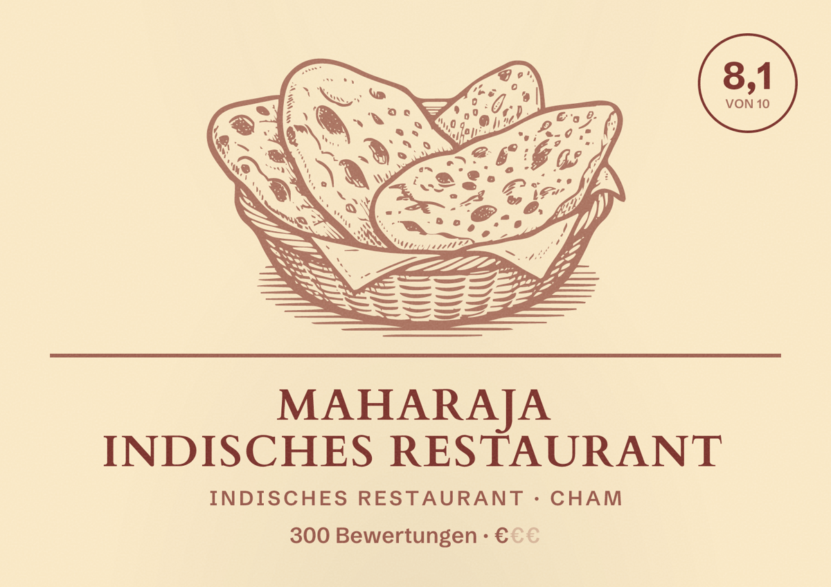 Illustriertes Poster von Maharaja Indisches Restaurant, Indisches Restaurant in Cham: Bewertung 8,1 von 10 aus 300 Bewertungen, Preisniveau €