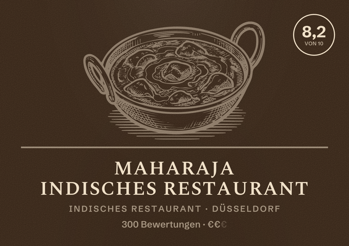 Illustriertes Poster von MAHARAJA indisches Restaurant, Indisches Restaurant in Düsseldorf: Bewertung 8,2 von 10 aus 300 Bewertungen, Preisniveau €€