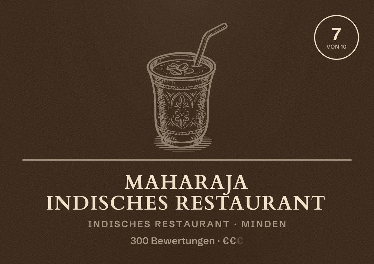 Illustriertes Poster von Maharaja indisches Restaurant, Indisches Restaurant in Minden: Bewertung 7 von 10 aus 300 Bewertungen, Preisniveau €€