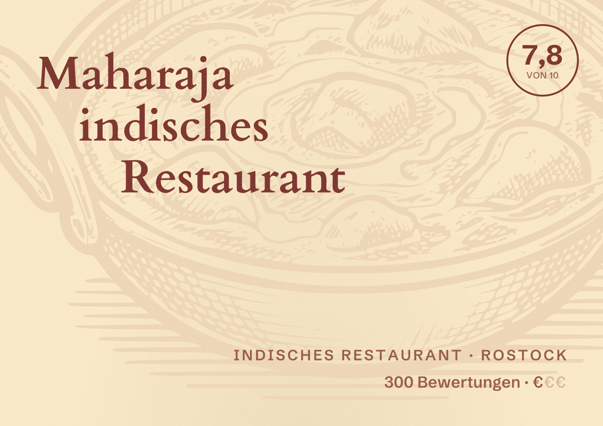 Illustriertes Poster von Maharaja indisches Restaurant, Indisches Restaurant in Rostock: Bewertung 7,8 von 10 aus 300 Bewertungen, Preisniveau €