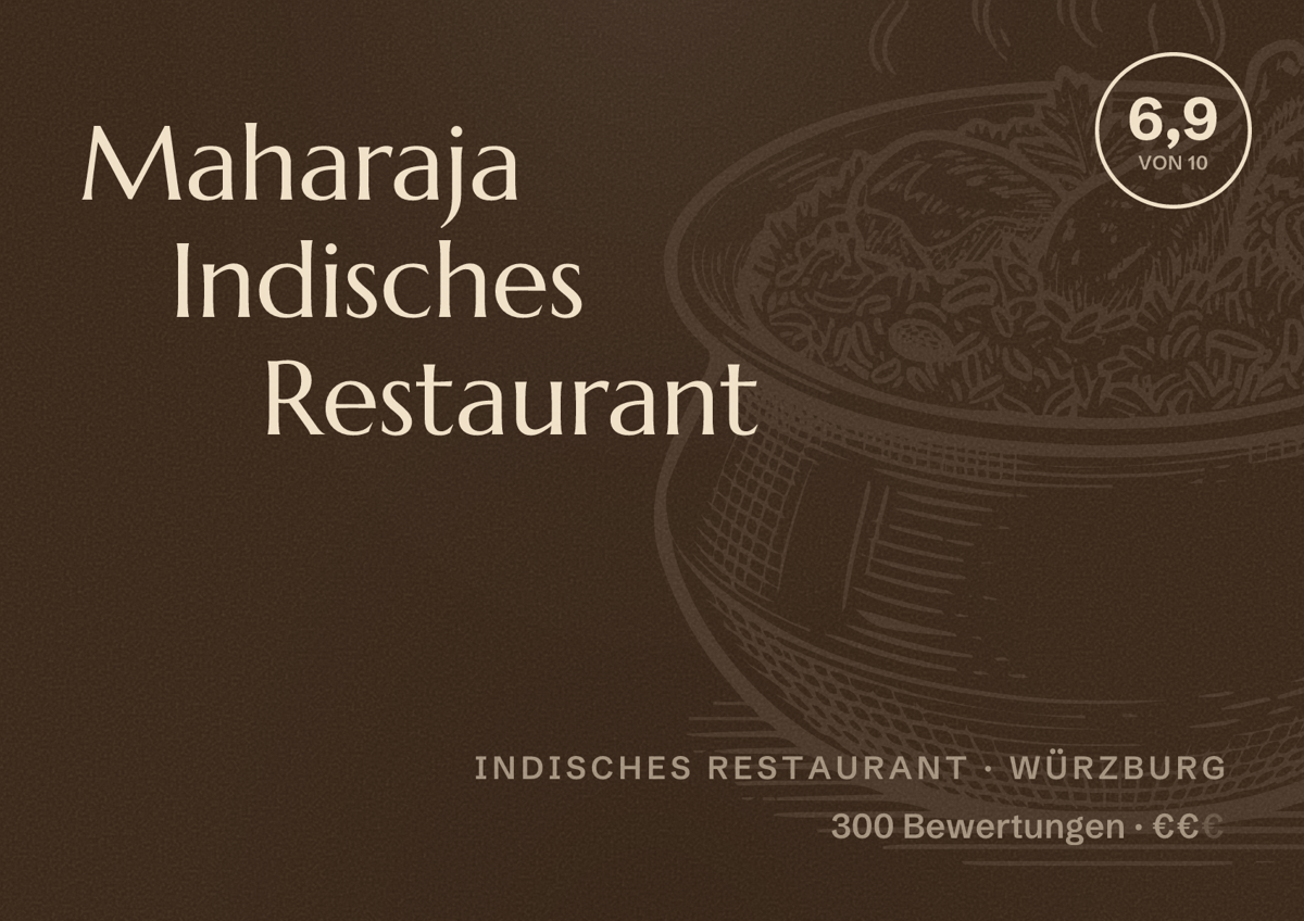 Illustriertes Poster von Maharaja Indisches Restaurant, Indisches Restaurant in Würzburg: Bewertung 6,9 von 10 aus 300 Bewertungen, Preisniveau €€
