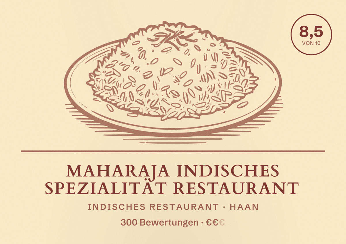 Illustriertes Poster von Maharaja indisches Spezialität Restaurant, Indisches Restaurant in Haan: Bewertung 8,5 von 10 aus 300 Bewertungen, Preisniveau €€