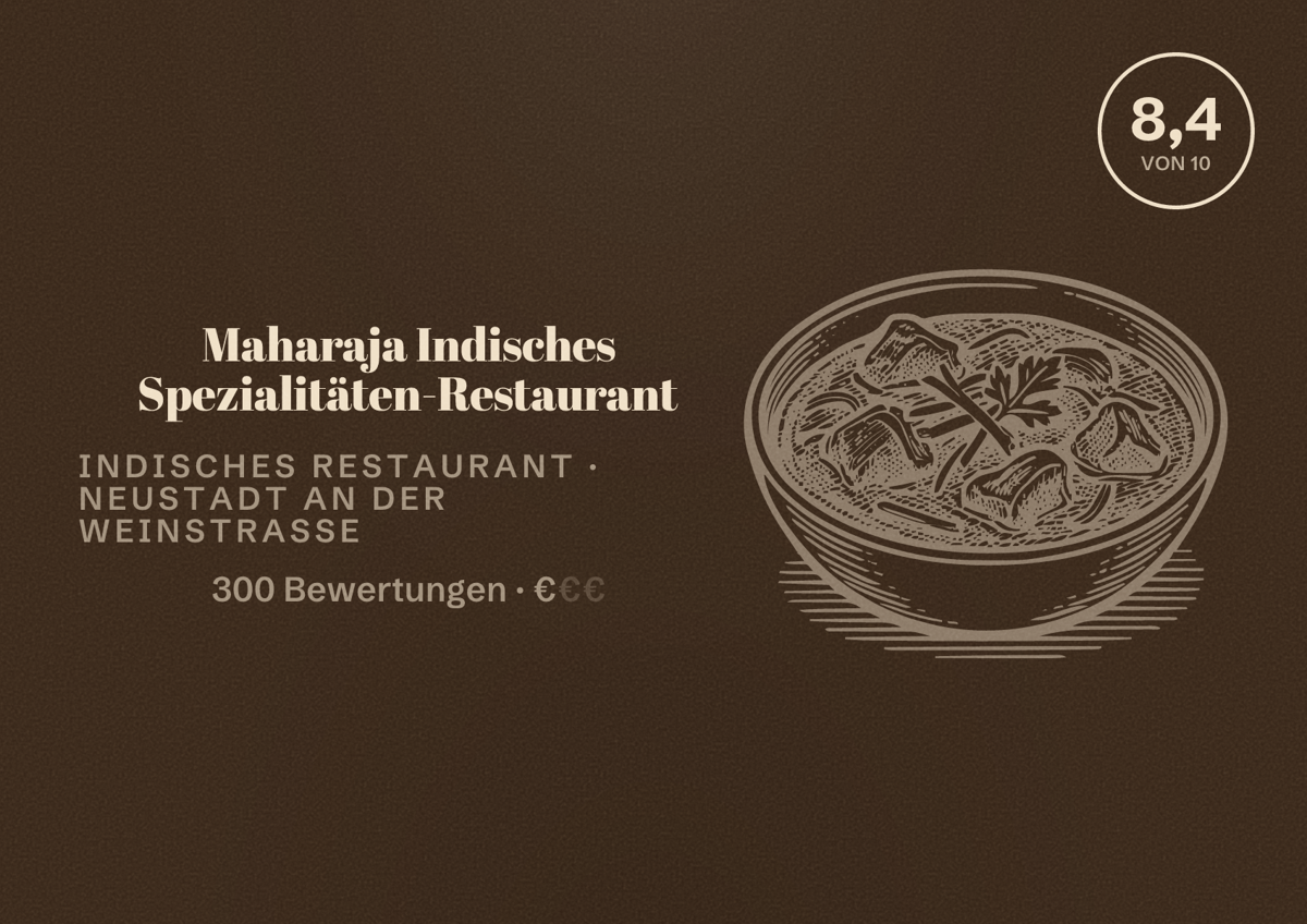Illustriertes Poster von Maharaja Indisches Spezialitäten-Restaurant, Indisches Restaurant in Neustadt an der Weinstraße: Bewertung 8,4 von 10 aus 300 Bewertungen, Preisniveau €