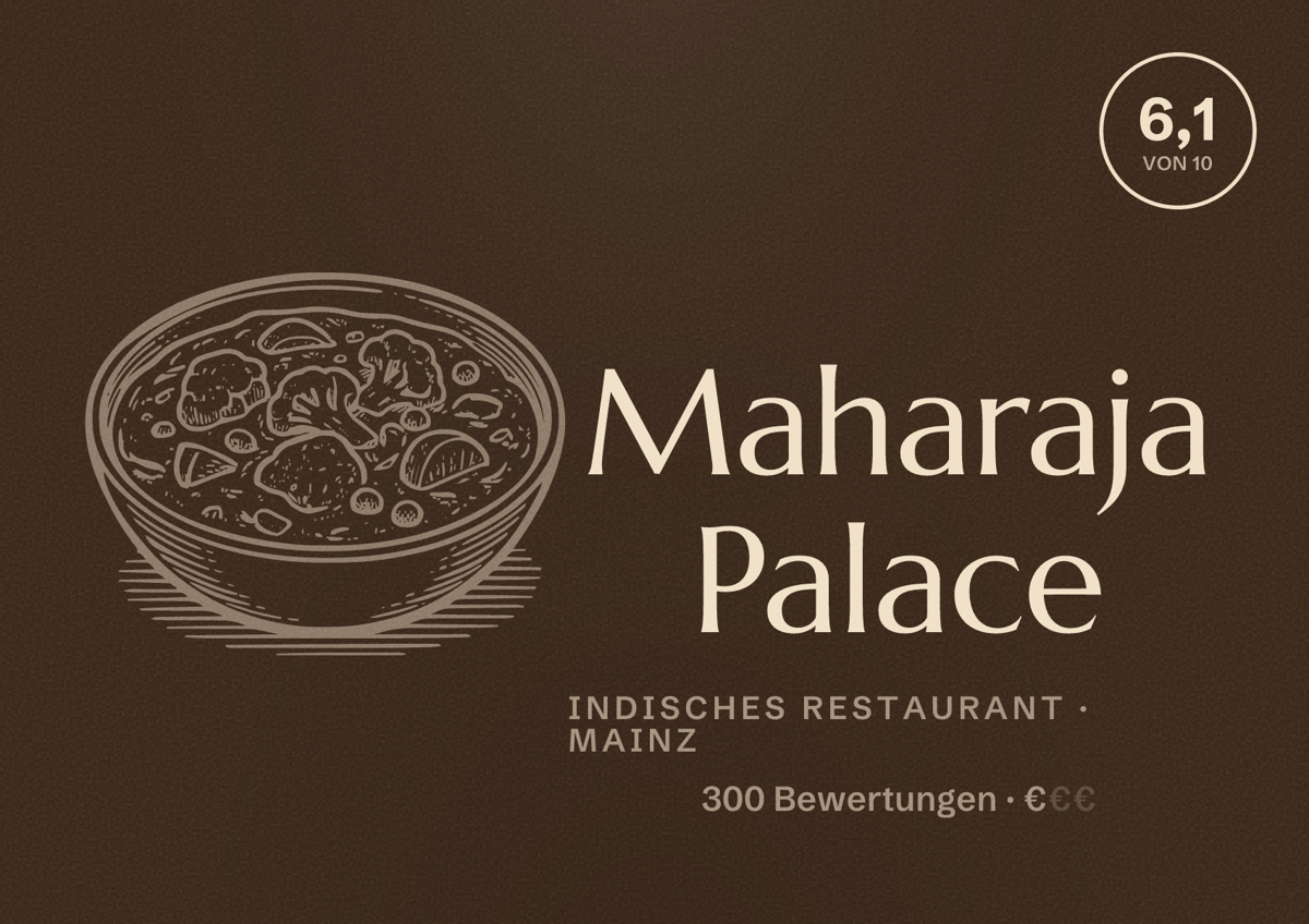 Illustriertes Poster von Maharaja Palace, Indisches Restaurant in Mainz: Bewertung 6,1 von 10 aus 300 Bewertungen, Preisniveau €