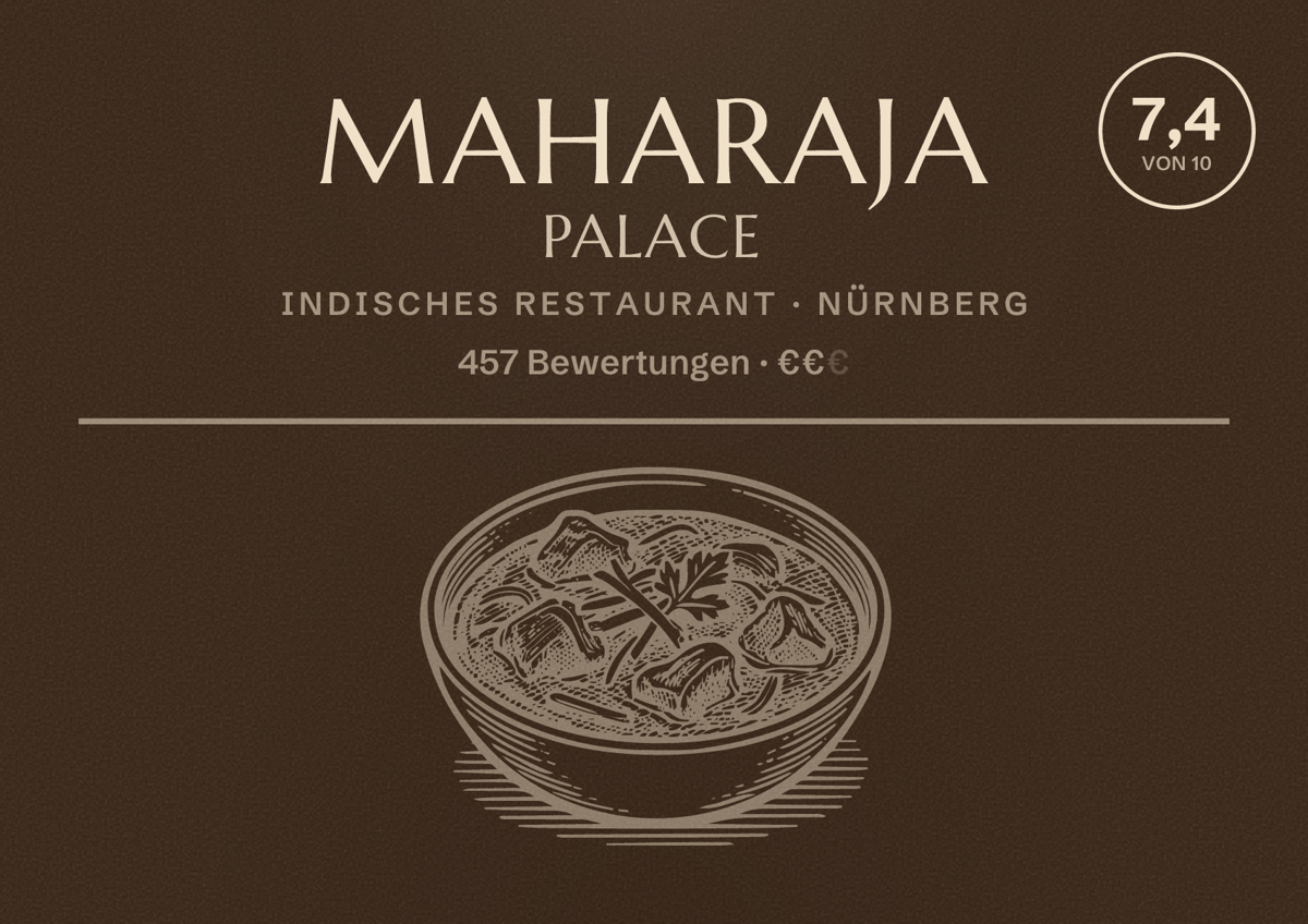 Illustriertes Poster von MAHARAJA PALACE, Indisches Restaurant in Nürnberg: Bewertung 7,4 von 10 aus 457 Bewertungen, Preisniveau €€