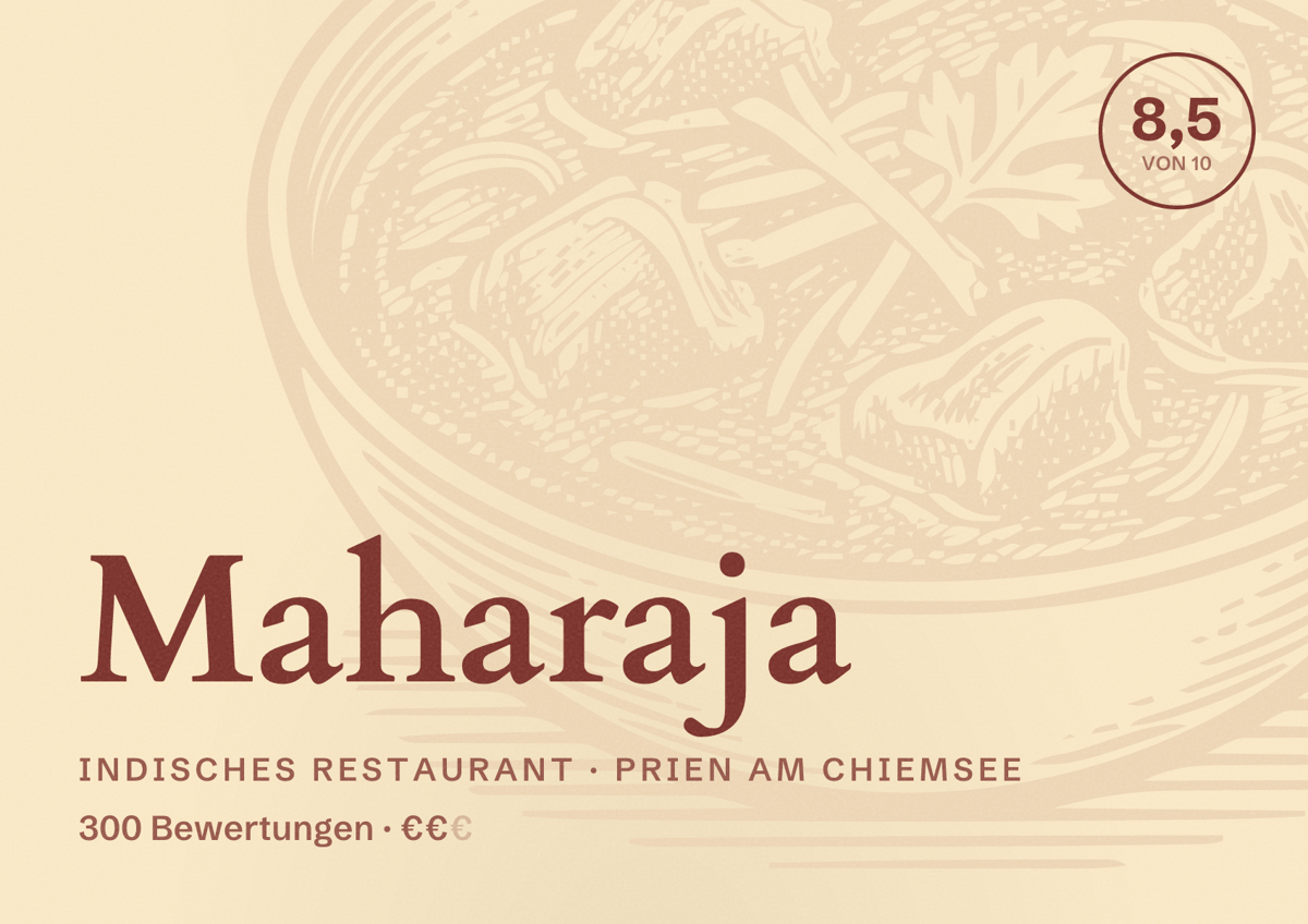 Illustriertes Poster von Maharaja, Indisches Restaurant in Prien am Chiemsee: Bewertung 8,5 von 10 aus 300 Bewertungen, Preisniveau €€