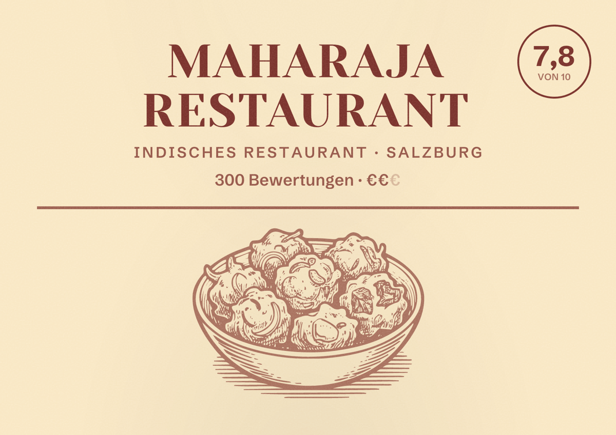 Illustriertes Poster von Maharaja Restaurant, Indisches Restaurant in Salzburg: Bewertung 7,8 von 10 aus 300 Bewertungen, Preisniveau €€