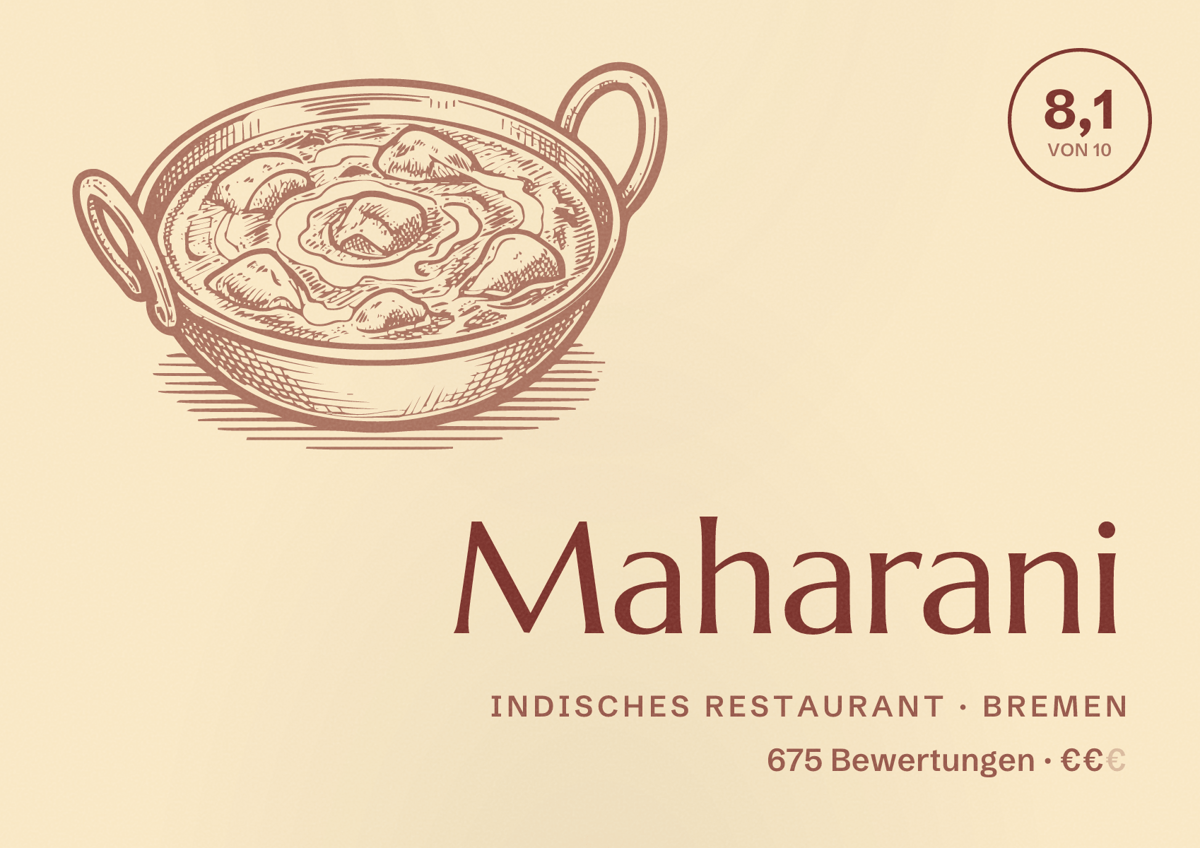 Illustriertes Poster von Maharani, Indisches Restaurant in Bremen: Bewertung 8,1 von 10 aus 675 Bewertungen, Preisniveau €€