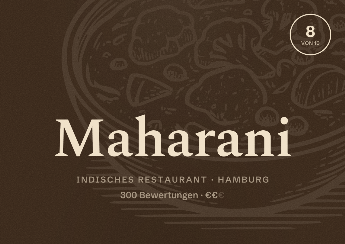 Illustriertes Poster von Maharani, Indisches Restaurant in Hamburg: Bewertung 8,0 von 10 aus 300 Bewertungen, Preisniveau €€