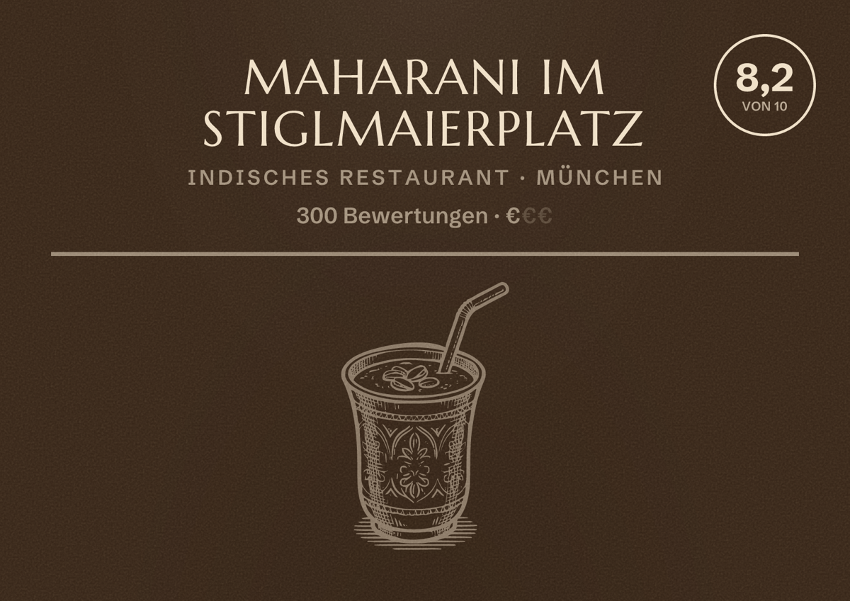 Illustriertes Poster von Maharani im Stiglmaierplatz, Indisches Restaurant in München: Bewertung 8,2 von 10 aus 300 Bewertungen, Preisniveau €