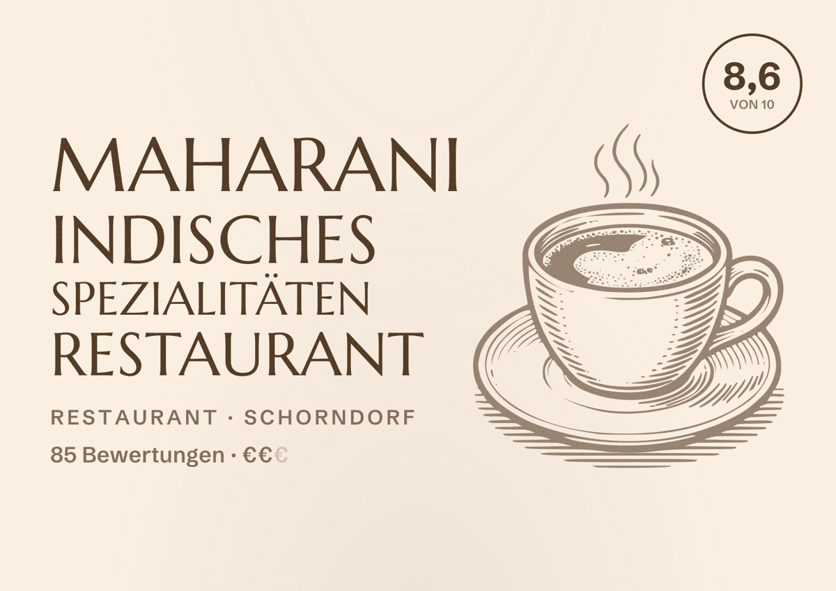Illustriertes Poster von Maharani Indisches Spezialitäten Restaurant, Restaurant in Schorndorf: Bewertung 8,6 von 10 aus 85 Bewertungen, Preisniveau €€