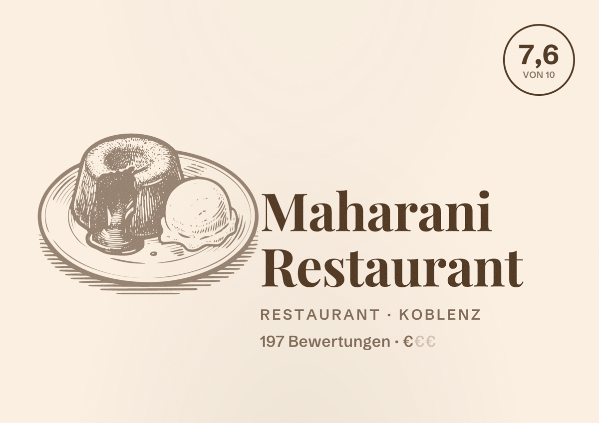 Illustriertes Poster von Maharani Restaurant, Restaurant in Koblenz: Bewertung 7,6 von 10 aus 197 Bewertungen, Preisniveau €