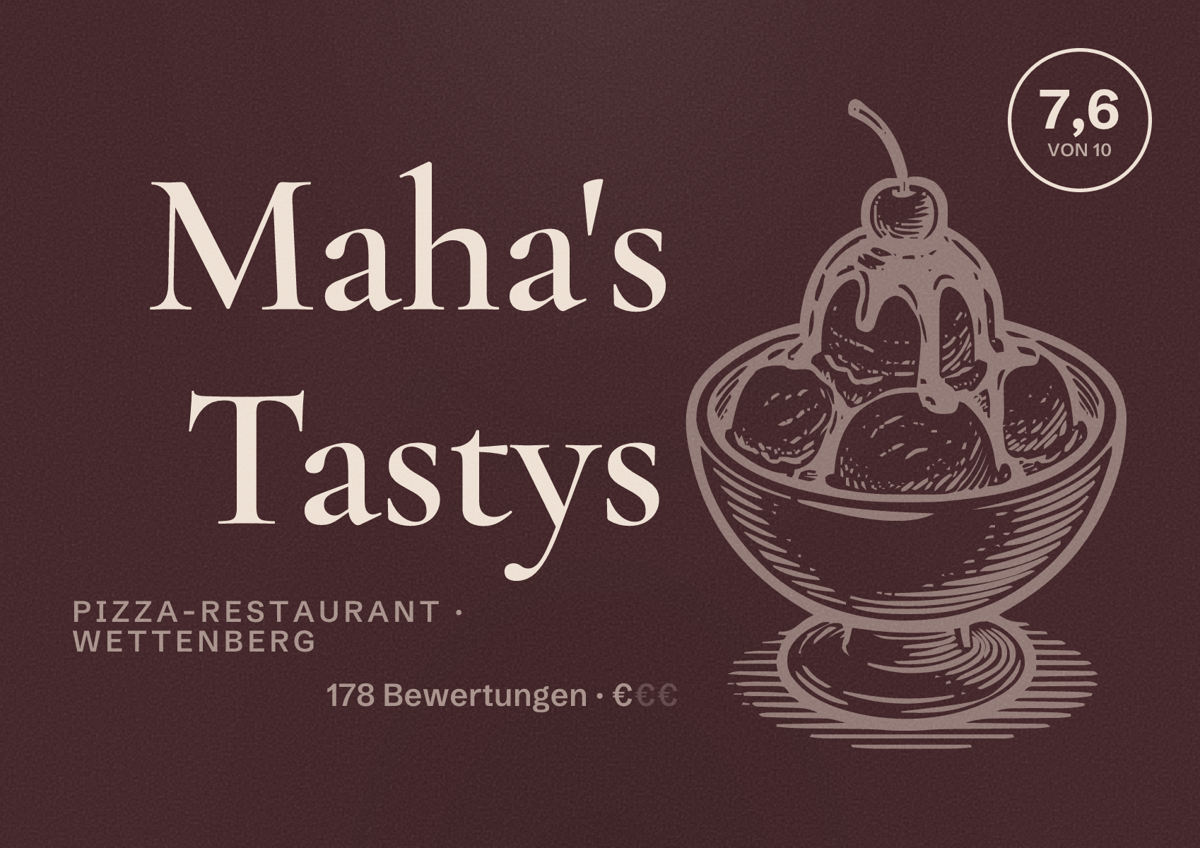 Illustriertes Poster von Maha's Tastys, Pizza-Restaurant in Wettenberg: Bewertung 7,6 von 10 aus 178 Bewertungen, Preisniveau €