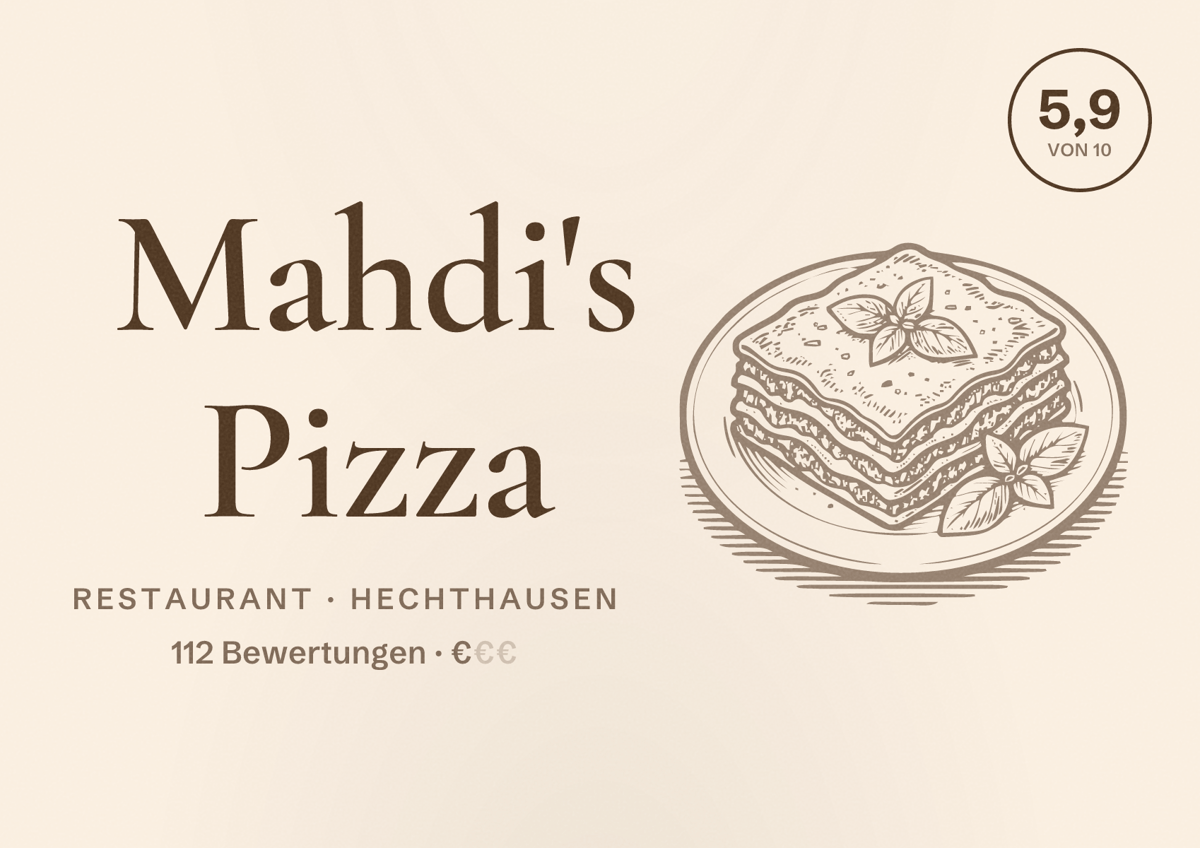 Illustriertes Poster von Mahdi's Pizza, Restaurant in Hechthausen: Bewertung 5,9 von 10 aus 112 Bewertungen, Preisniveau €