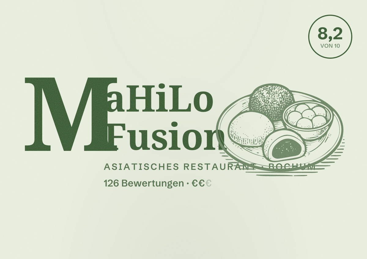 Illustriertes Poster von MaHiLo Fusion, Asiatisches Restaurant in Bochum: Bewertung 8,2 von 10 aus 126 Bewertungen, Preisniveau €€
